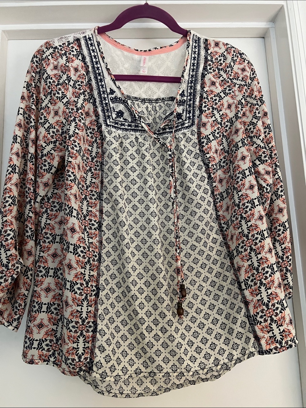 Xhilaration Cream & Pink Boho Tunic with Navy Embroidery